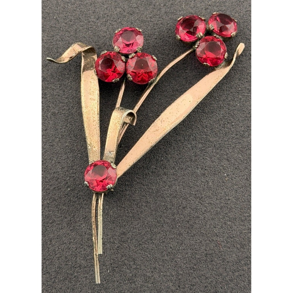 Vintage Sterling Silver Floral Brooch Red Rhinestone Pedals Christmas 3"